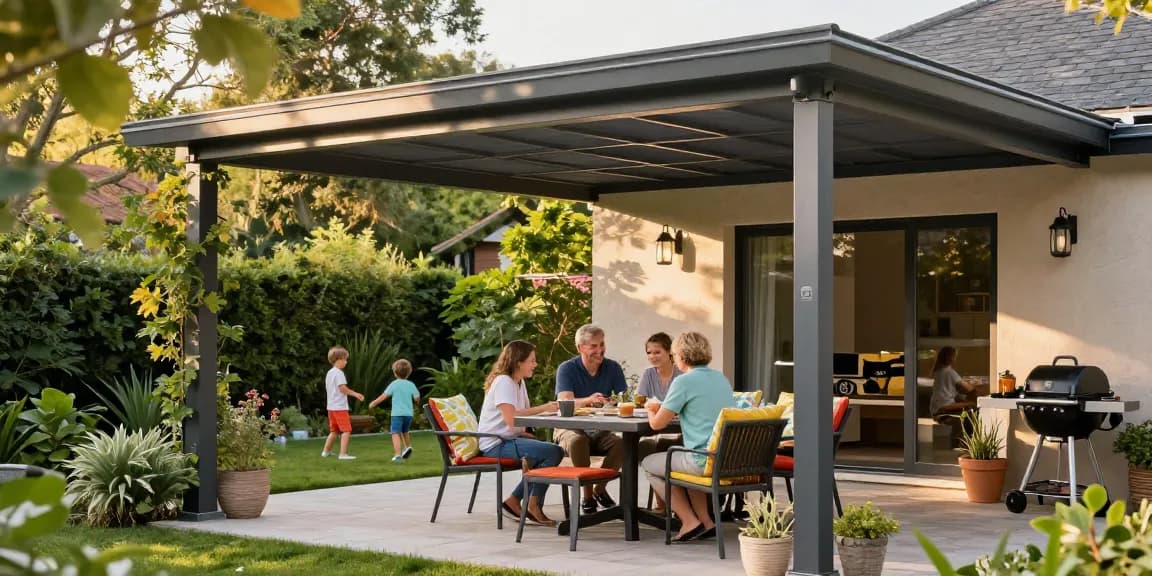 Moderne Terrassenüberdachung mit Gartenmöbeln und Pflanzen für eine gemütliche Atmosphäre im Freien