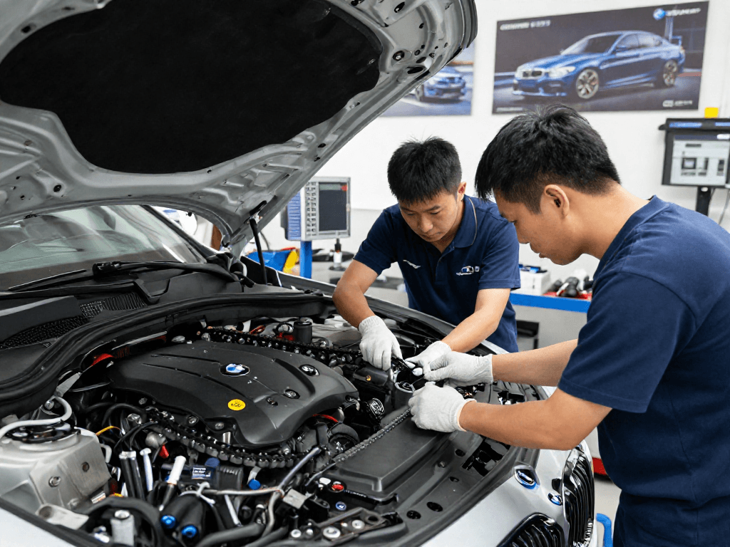 Professionelle Techniker bei der Durchführung von BMW steuerkette wechseln in einer modernen Werkstatt.