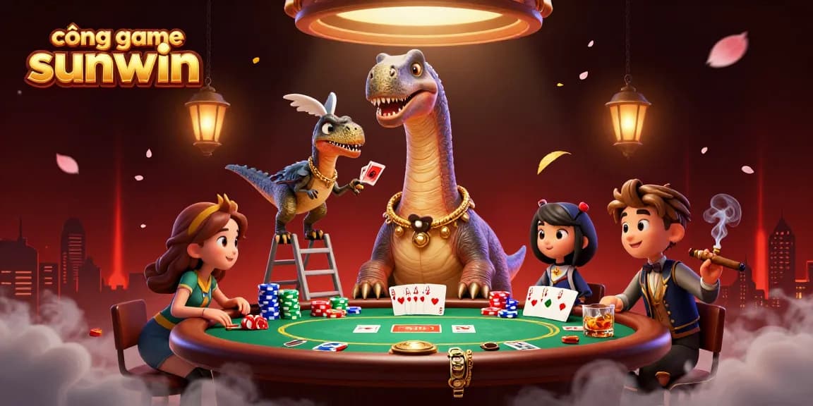 Cổng game sunwin showcases poker action with a towering brontosaurus and raptor dealer in a vivid casino.