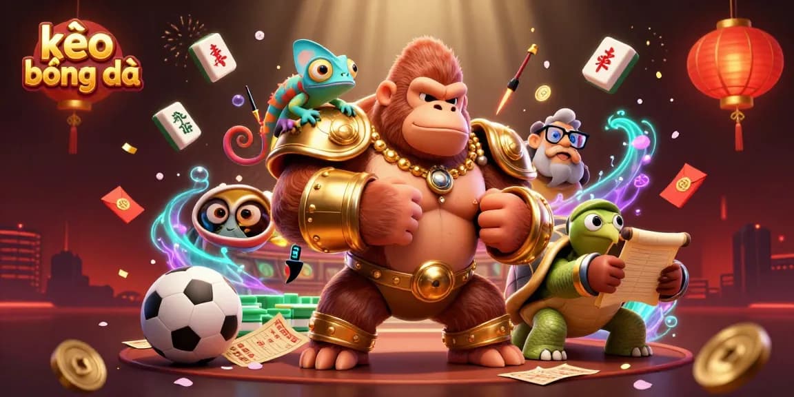 Engage in kèo bóng đá excitement with a powerful gorilla king, colorful chameleon, and wise tortoise in a vibrant betting scene.