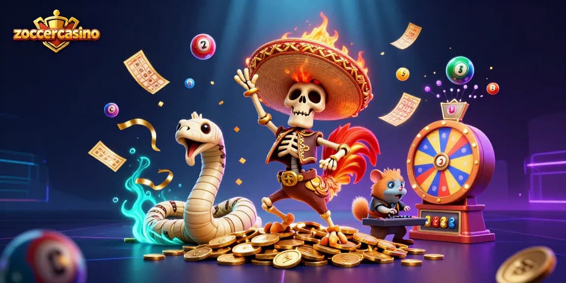ZoccerCasino's vibrant scene showcases a mariachi rooster celebrating amidst lottery elements in a festive atmosphere.