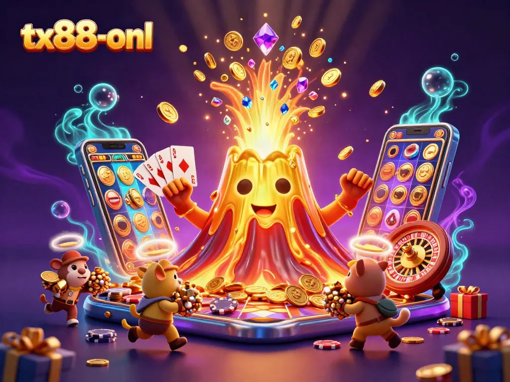 Spin big wins at tx88-onl with a vibrant scene of a golden volcano erupting with treasures!