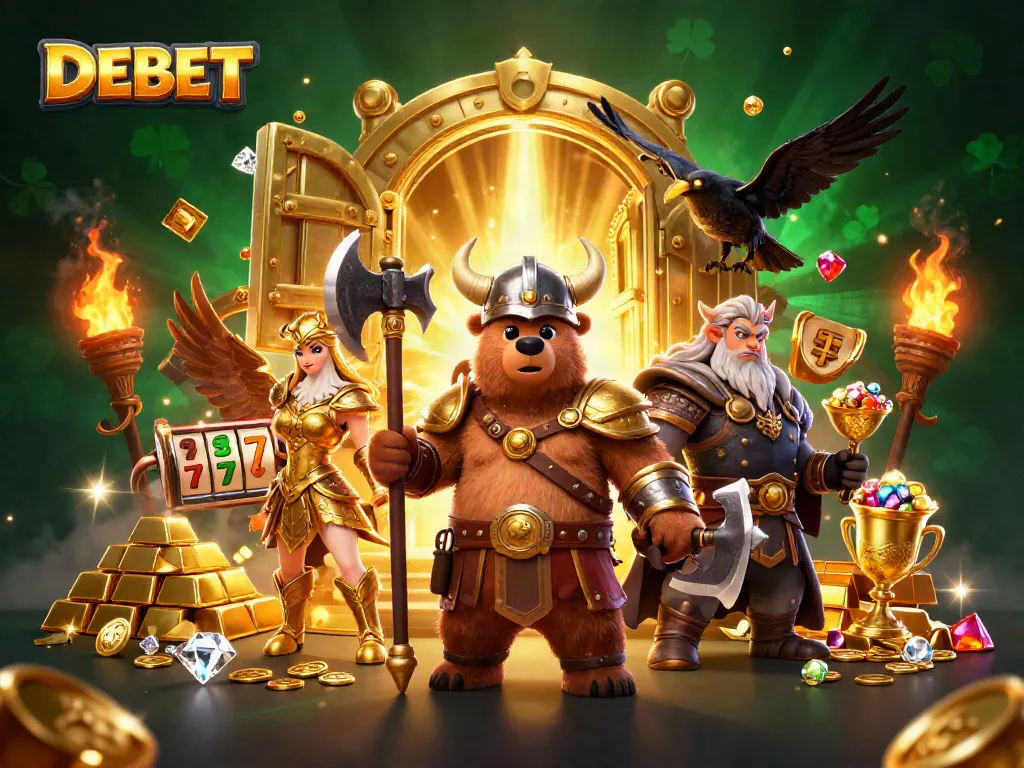 Experience the thrill of DEBET with a Viking bear and Valkyrie eagle amidst dazzling casino elements.