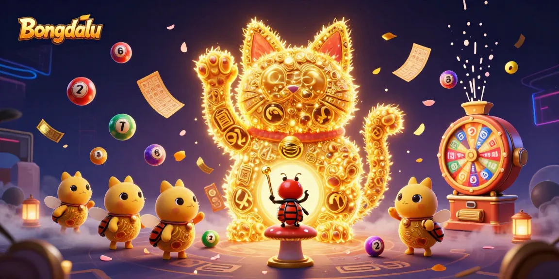 Bongdalu showcases a dynamic scene of a giant lucky cat formed by fireflies, amidst colorful lottery elements, capturing the essence of exciting gambling.