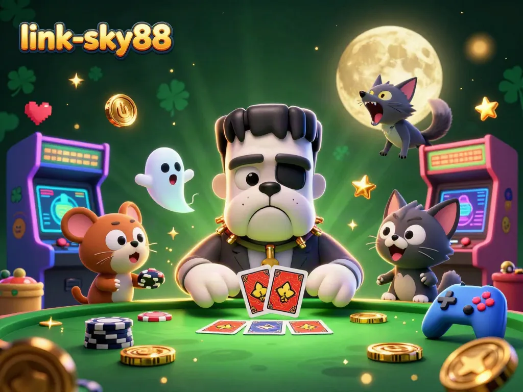link-sky88 offers exciting card games with a Frankenstein bulldog dealer and playful ghost mouse.