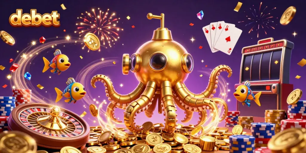 Experience thrilling moments with debet in a vibrant underwater scene filled with golden coins and lucky game elements.