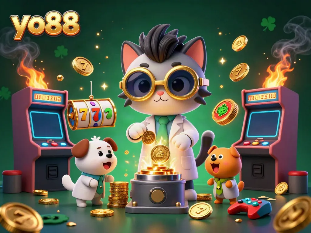 Experience the excitement of yo88 with a vibrant 3D casino illustration celebrating the charm of slot machines and golden rewards.