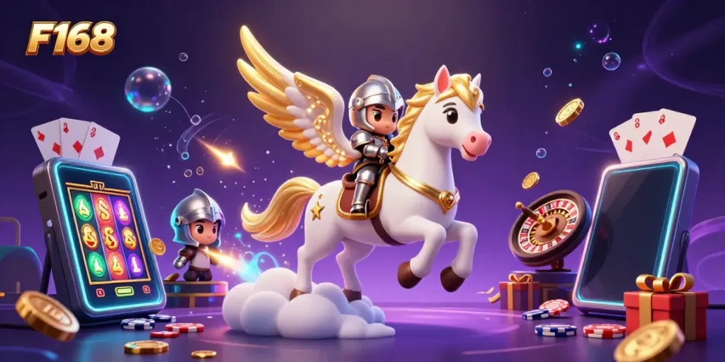 Experience F168 with colorful slot games, a celestial horse, and a cute knight in a dynamic casino-themed scene.