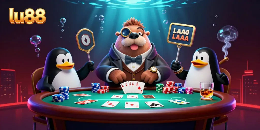 Experience thrilling poker action with lu88 featuring a walrus and poker dealer in an immersive scene.