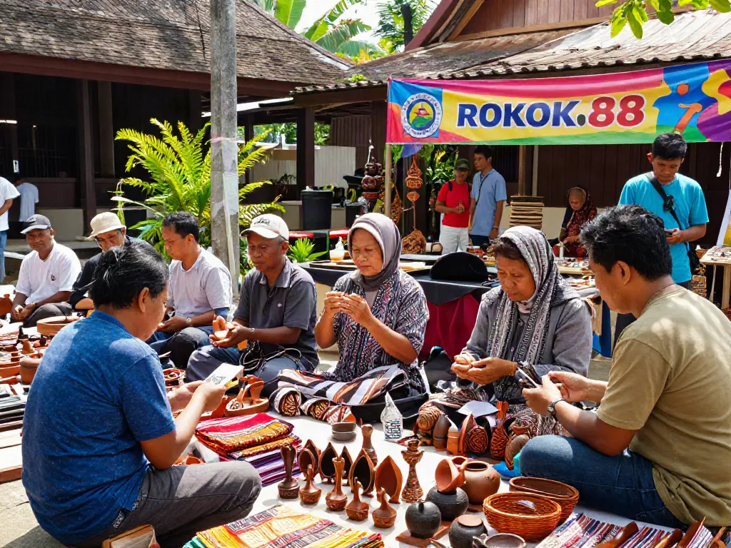 Artisans celebrating local Indonesian craftsmanship at ROKOK88 market.