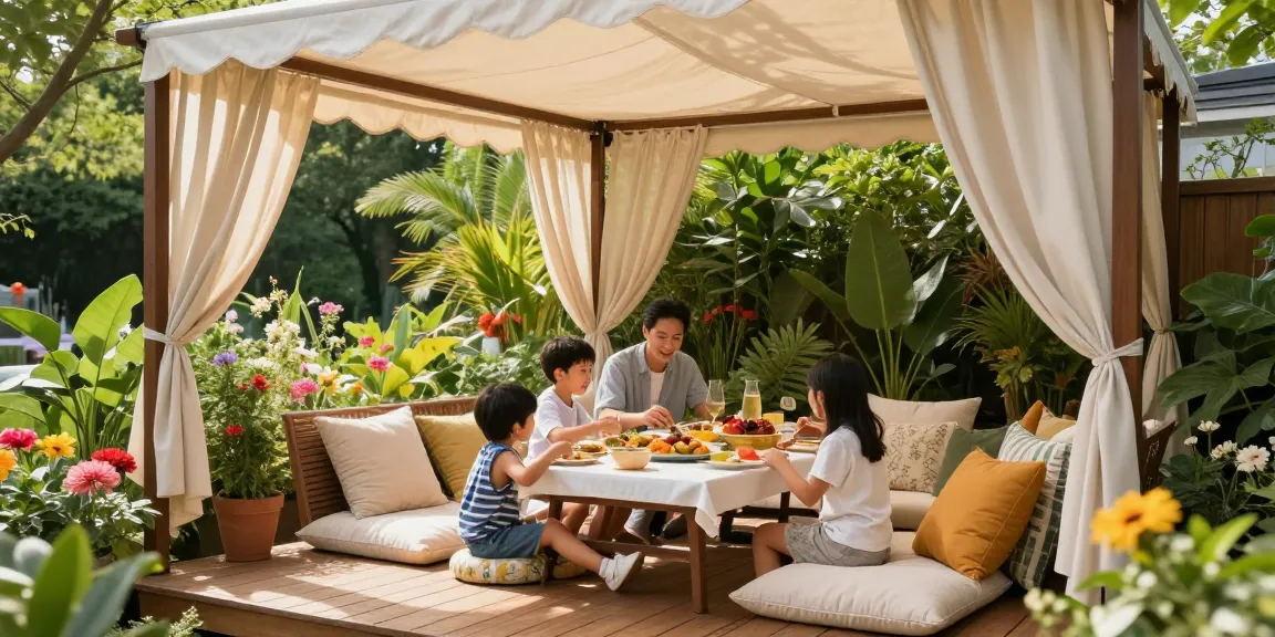 Terrassenüberdachung freistehend im Garten mit Familie am Tisch