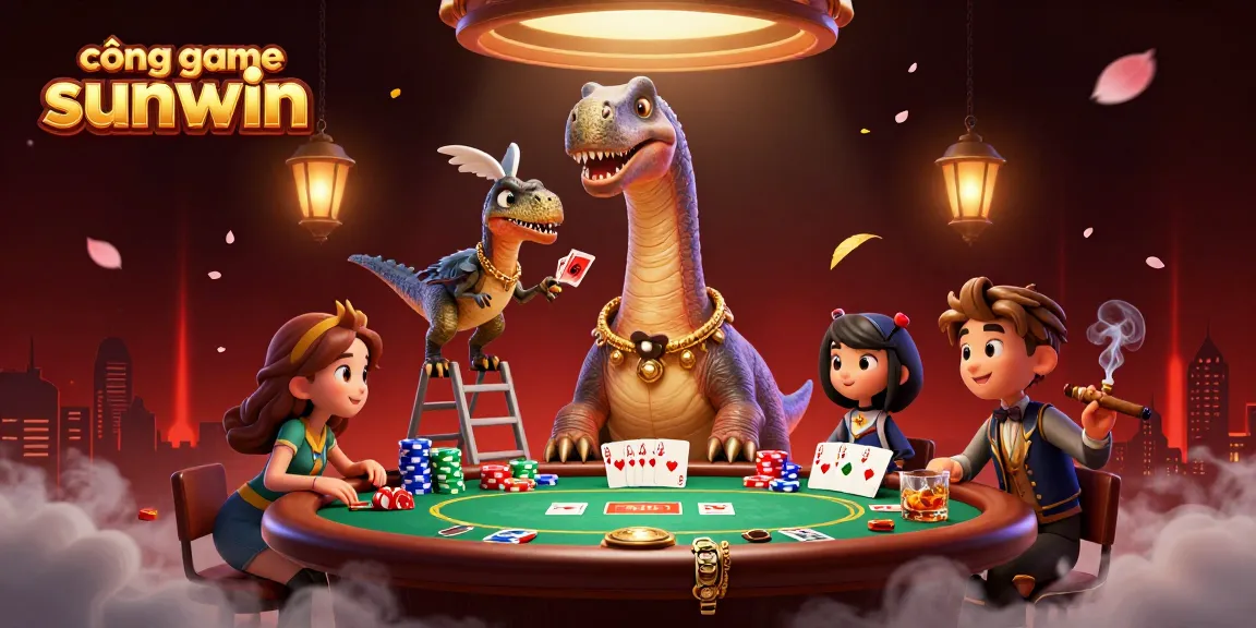 Cổng game sunwin showcases poker action with a towering brontosaurus and raptor dealer in a vivid casino.