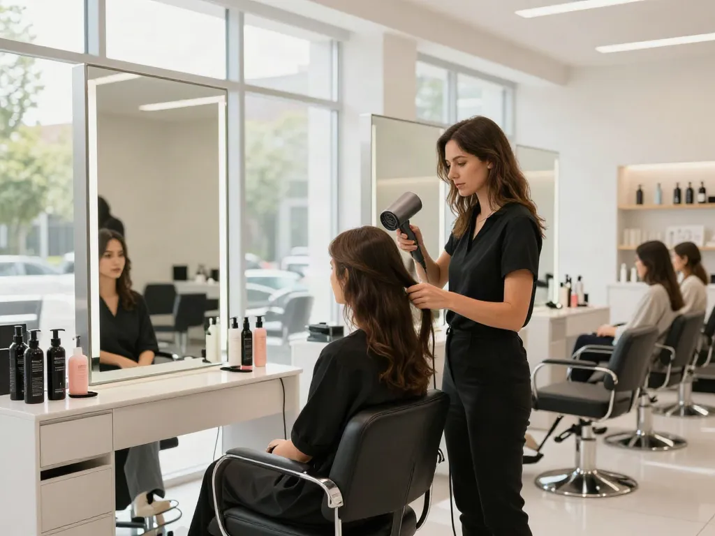 Ionen Haartrockner im Einsatz in einem modernen Friseursalon mit stilvollem Ambiente.