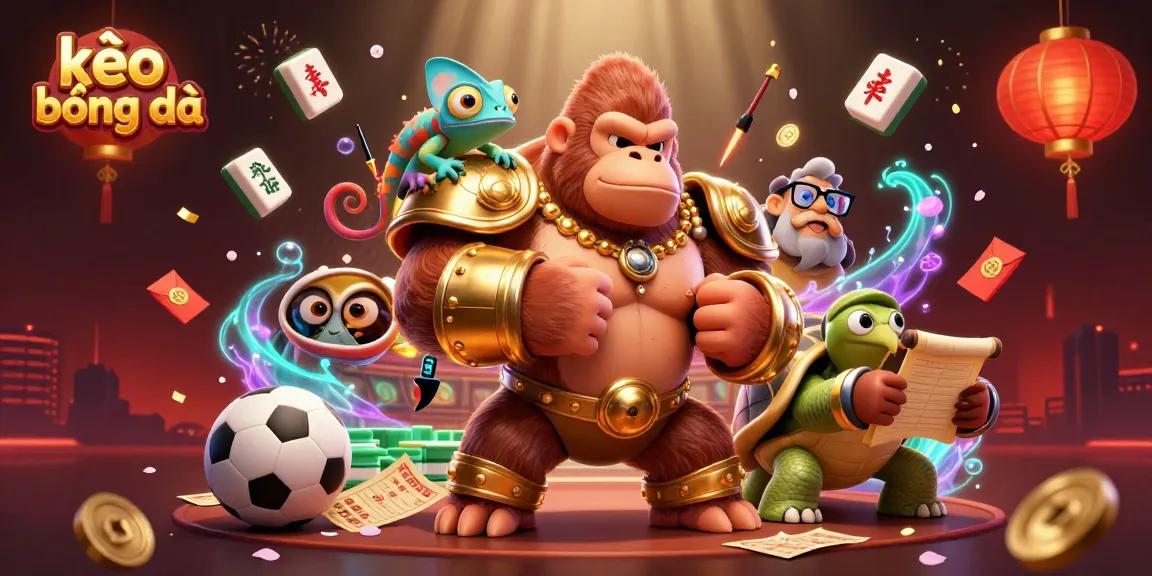 Engage in kèo bóng đá excitement with a powerful gorilla king, colorful chameleon, and wise tortoise in a vibrant betting scene.