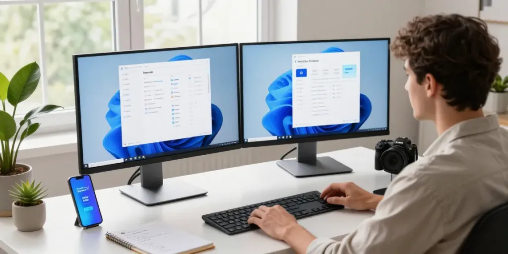Der Benutzer nutzt Windows 11 Home an einem modernen Arbeitsplatz mit dualen Monitoren.
