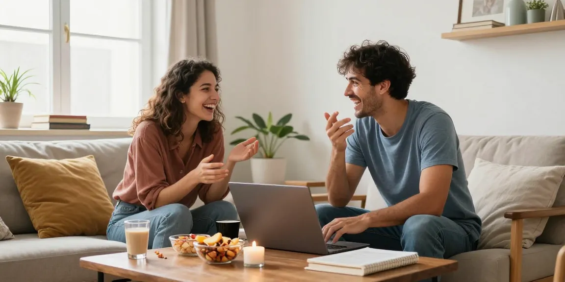 Couple enjoying a spicy chat in a cozy home setting with laptops, snacks, and warm ambiance.