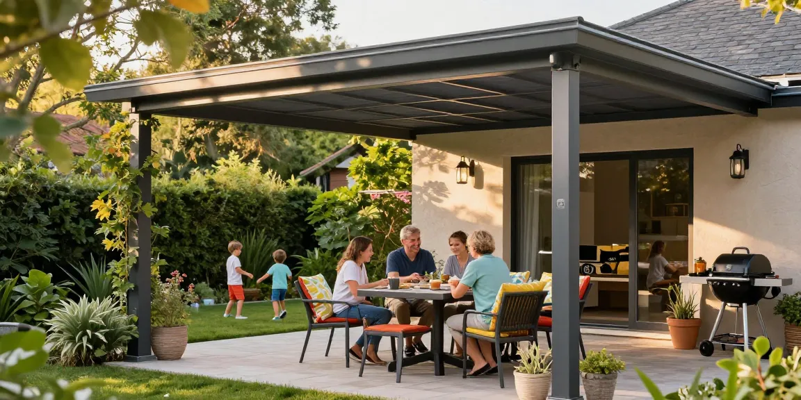 Moderne Terrassenüberdachung mit Gartenmöbeln und Pflanzen für eine gemütliche Atmosphäre im Freien
