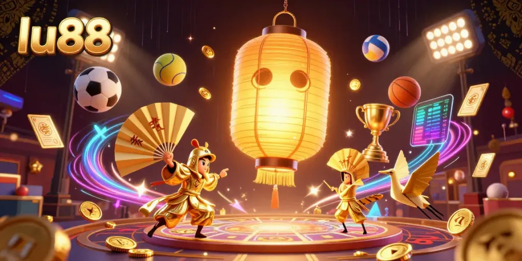 lu88 elevates online gaming experience with dynamic and vibrant casino scenes featuring golden lantern spirit and sports elements.