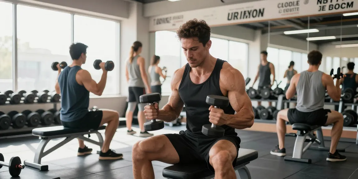 Steroidshop: Bodybuilder hebt Gewichte im modernen Fitnessstudio, motivierende Atmosphäre.