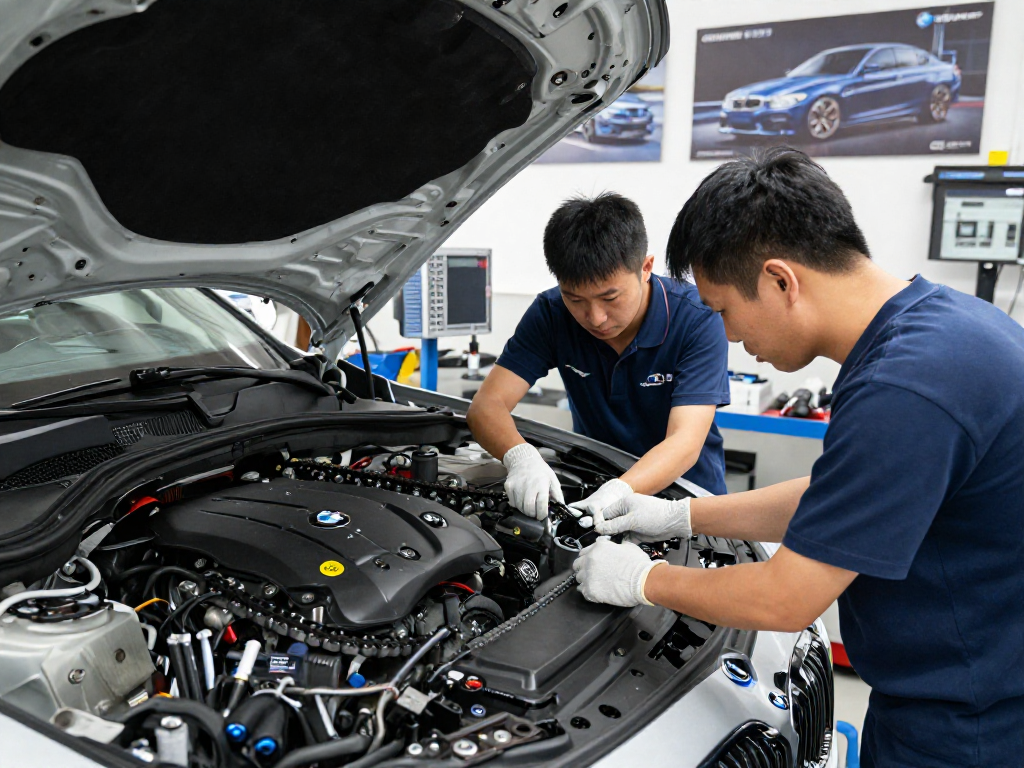 Professionelle Techniker bei der Durchführung von BMW steuerkette wechseln in einer modernen Werkstatt.