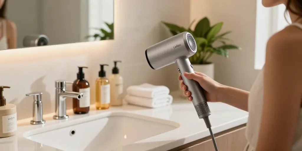 Moderne Badezimmeransicht mit Laifen Föhn und luxuriösen Haarpflegeprodukten, Stil und Eleganz.