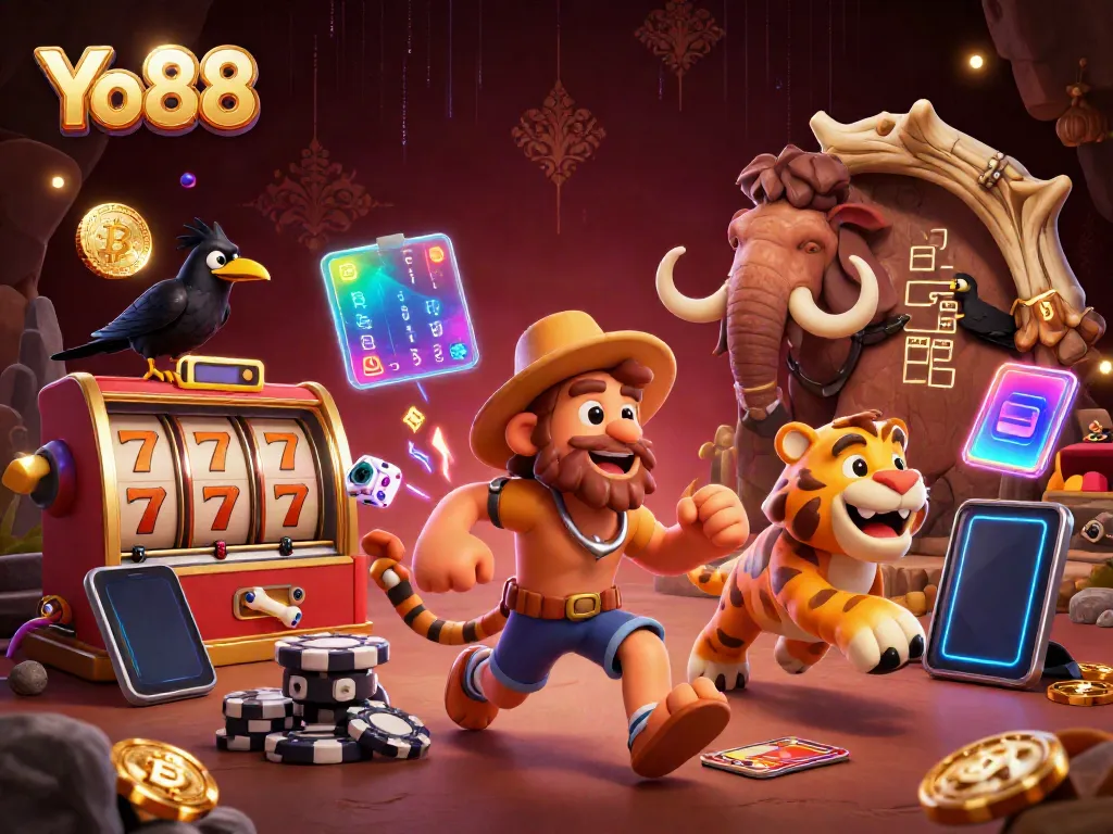 Yo88 engages players in a vibrant 3D casino world, featuring dynamic slot games and cryptocurrency elements.