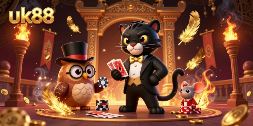 Engage in thrilling casino action with uk88 while a stylish black panther deals cards amid glowing gold elements.