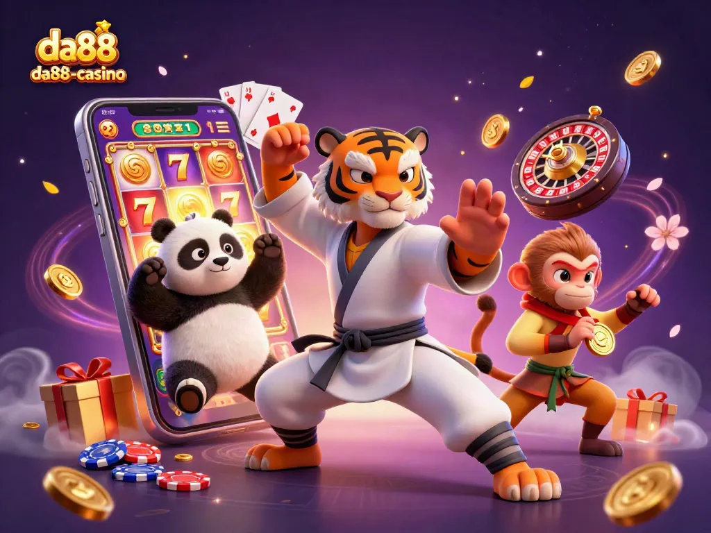 Spin reels and win jackpots with da88-casino's stunning gaming experience illustrated by dynamic characters.