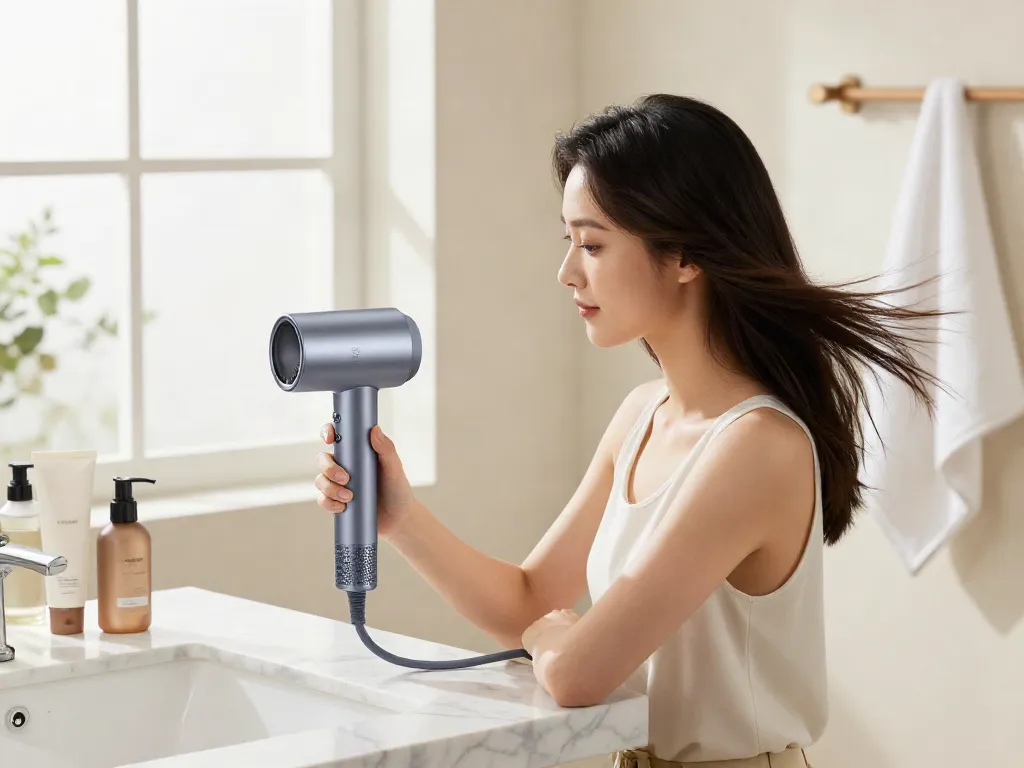 Der Laifen Air Pro Haartrockner bietet schonendes Trocknen für Haare in stilvollem Badezimmer-Setting.