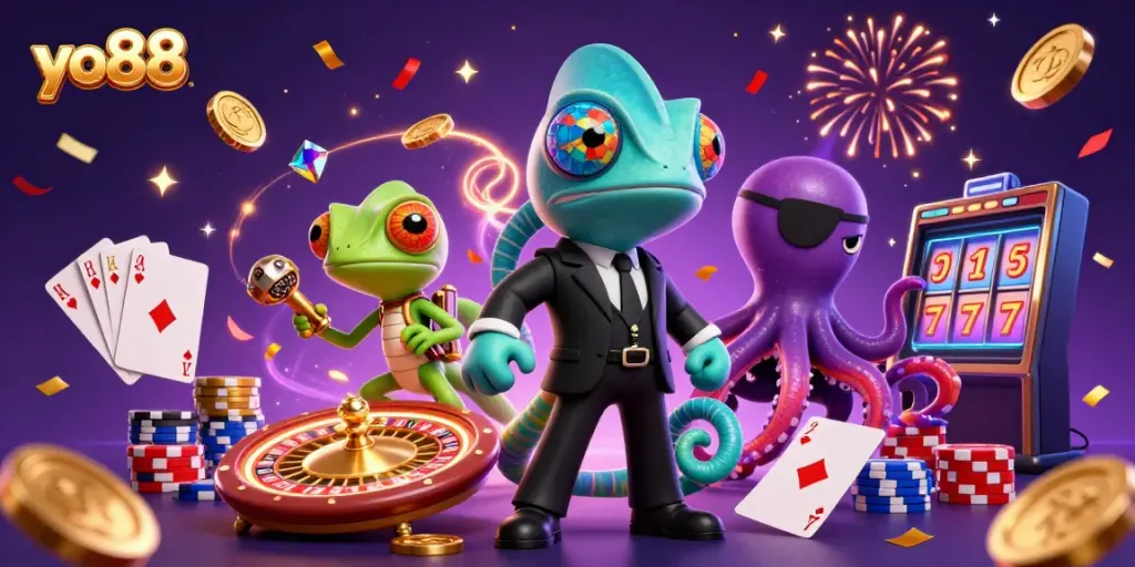 Experience thrilling gameplay at yo88 with vibrant characters, sparkling gems, and a dynamic casino atmosphere.