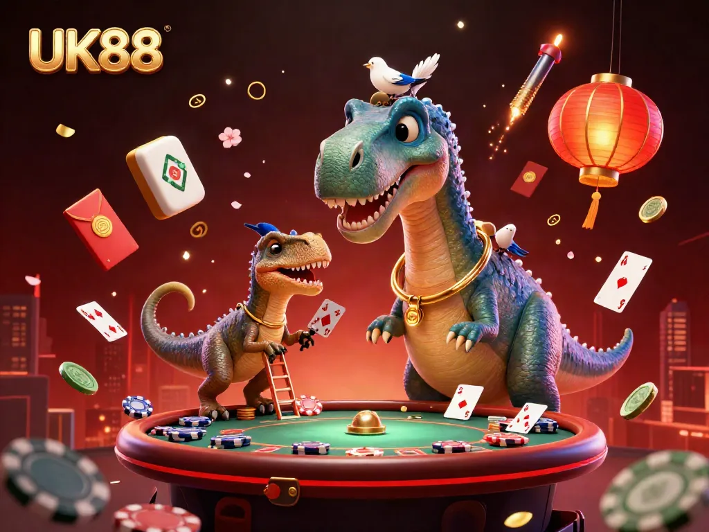 Engage with UK88's thrilling casino scene featuring a giant brontosaurus interacting with poker elements.