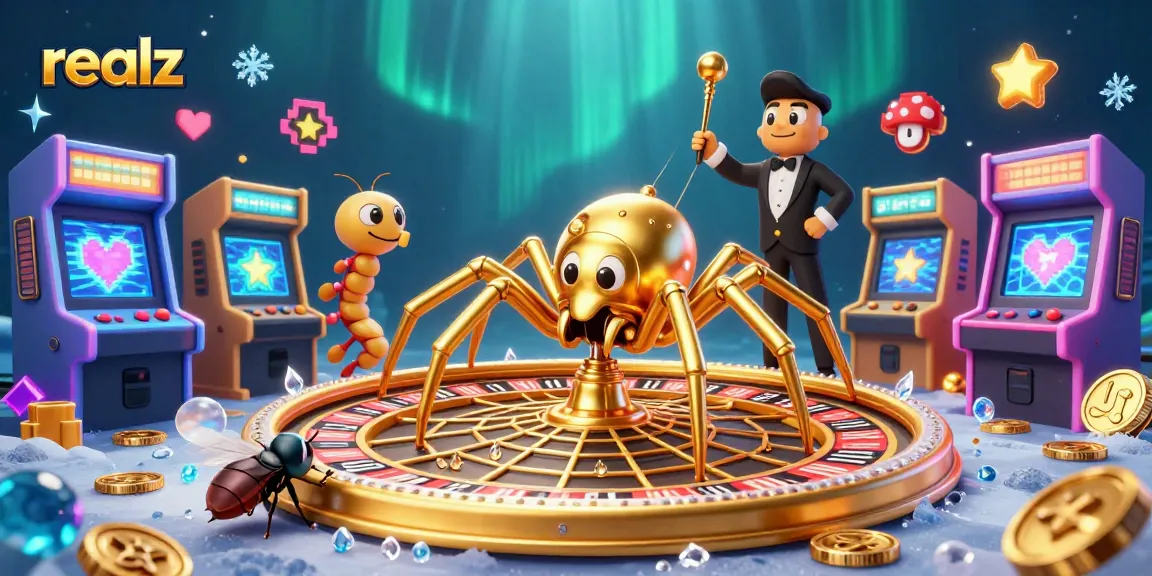 Place bets at Realz Casino's roulette wheel while golden spider spins a web of chance.