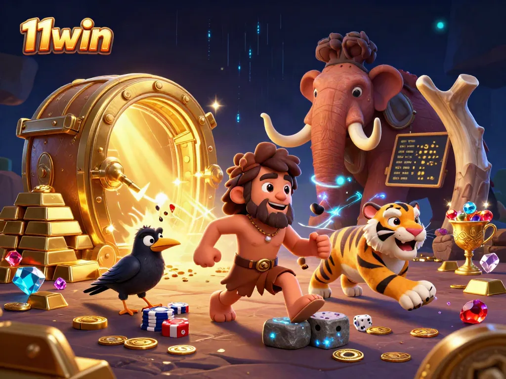 Experience thrilling gameplay at 11win's prehistoric casino with vibrant treasures and engaging characters.