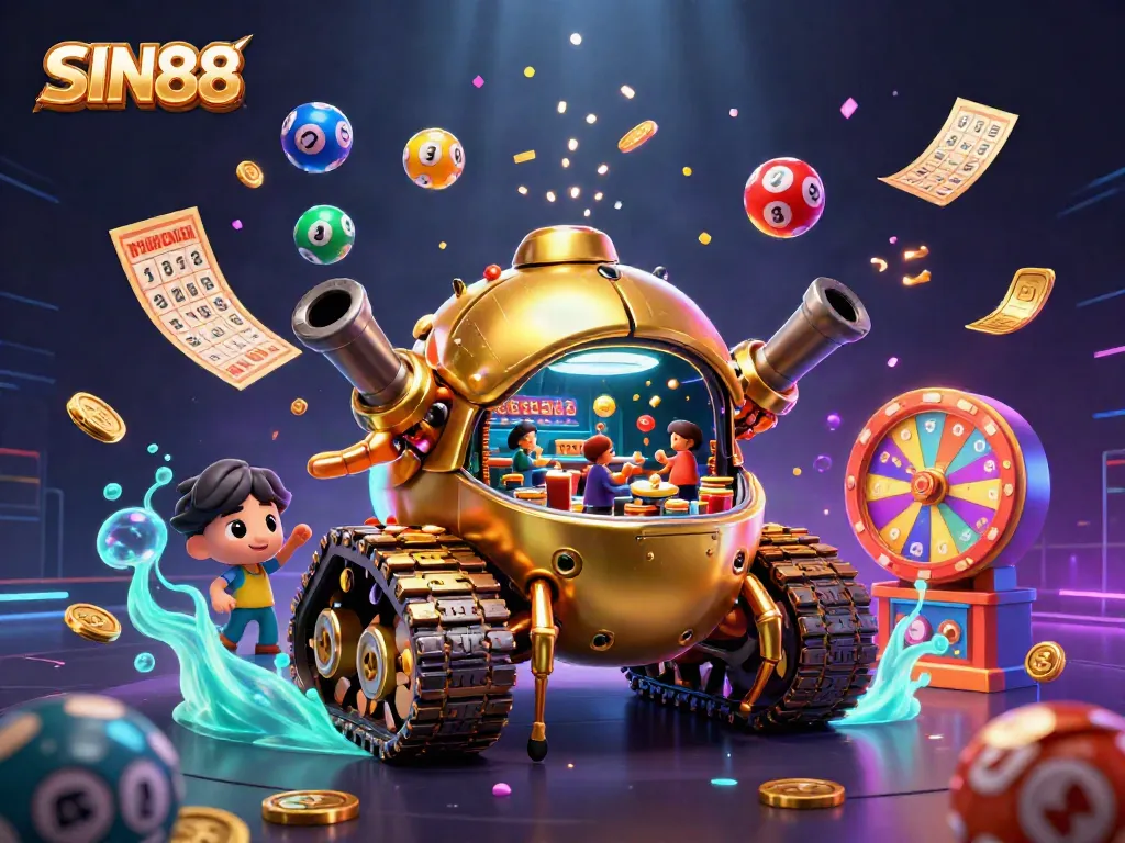 SIN88 brings the thrill of a miniature casino inside a golden beetle tank, exploding with colorful lottery balls and prizes.
