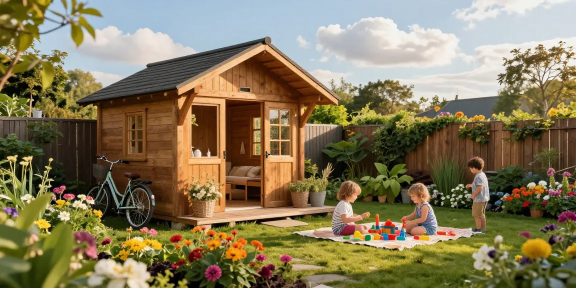 Gemütliches Gartenhaus umgeben von blühenden Pflanzen, Familie genießt ein Picknick.