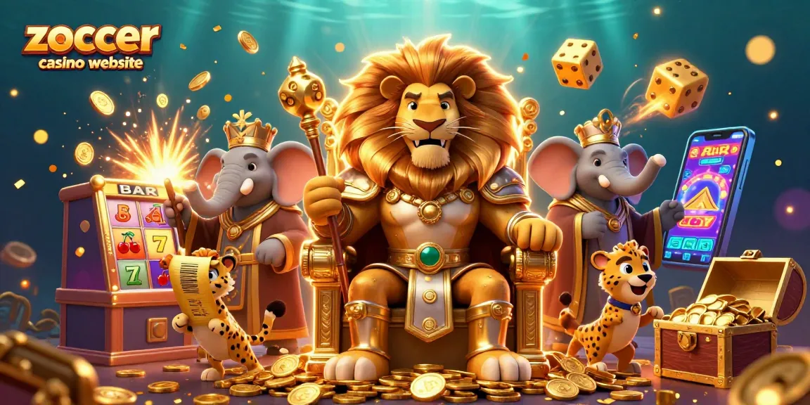 Engage with exciting bonuses at the zoccer casino website, as a lion king reigns over a jackpot explosion scene.