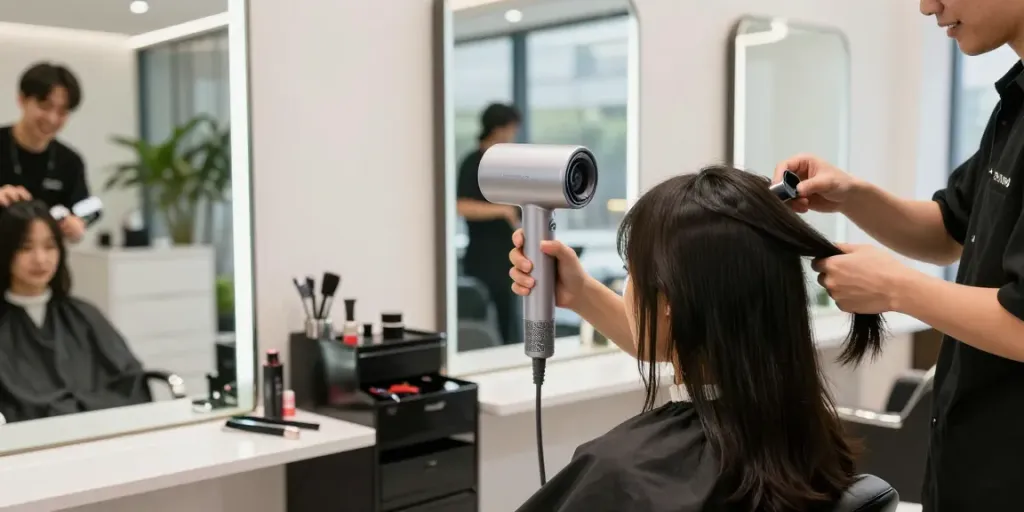 Haartrockner im modernen Salon, Stylist zeigt Laifen Neo während der Anwendung.