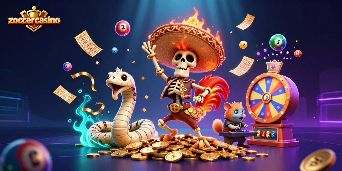 ZoccerCasino's vibrant scene showcases a mariachi rooster celebrating amidst lottery elements in a festive atmosphere.