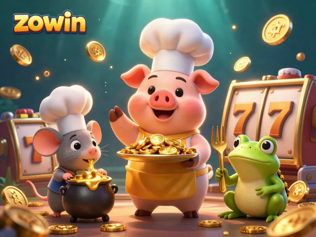 Zowin's captivating slots scene featuring a chef pig serving gold coins, showcasing vibrant casino excitement.